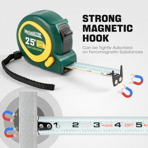 25FT-1 In Blade Width Tape Measure With Fractions, 3 Brake Buttons Retractable Measuring Tape, Both Side Measurement, Double-Magnetic Hook Double-Sided Nylon Reinforced Blade, Easy to Read Bold Lines.