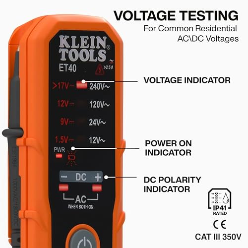 Klein Tools ET40 Digital AC/DC Voltage Tester, 12-240V AC, 1.5-24V DC, LED Illumination, DC Polarity, Auto Off, CAT III 250V-Class 2- Double Insulation, IP41 Dust and Water Resistant - size: 12/240 V Tester