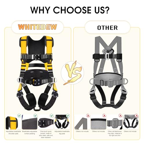 Fall Protection Premium Safety Harness with Shock Absorbing Lanyard, Vented & Padded Shoulder, Legs & Back - Upgrade 4 Quick Buckles (Yellow) - color: Yellow