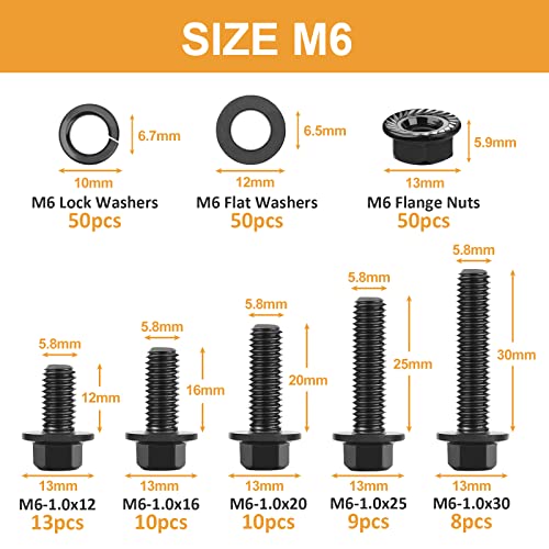 VIGRUE 200Pcs M6-1.0 x 12/16/20/25/30mm Flanged Hex Head Bolts Serrated Flange Nuts Washers Assorment, Black Metric Nut and Bolt Kit, Class 10.9 Alloy Steel - size: M6-1.0