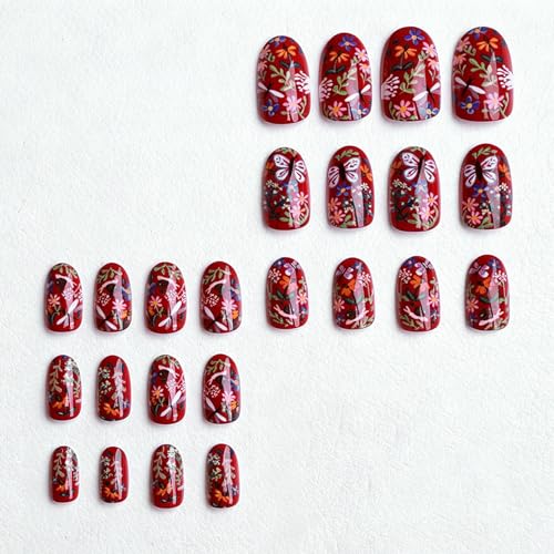 Red Short Press on Nails Flower Butterfly Fake Nails Glossy Finish Reusable False Nails for Women Manicure(design 29） - color: 3D Embossed design 29