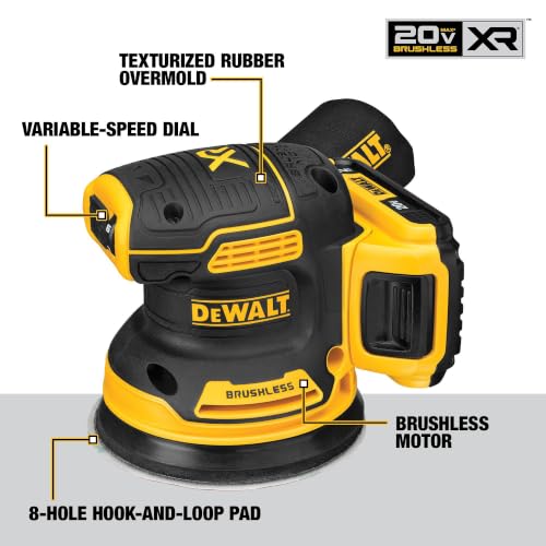DEWALT 20V MAX Orbital Sander Cordless, 5-Inch Sander Tool, 2.Ah, 8,000-12,000 OPM, Variable Speed Dial, Storage Bag, Battery and Charger Included (DCW210D1)