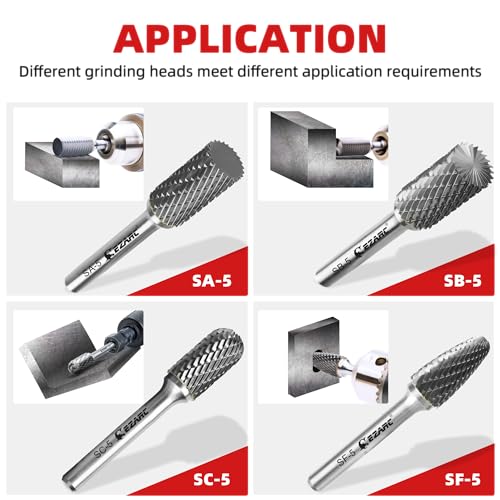 EZARC Tungsten Carbide Rotary Burr Set, 5PCS SF-5 Double Cut, 1/4" Shank - style: SF-5, 5PCS