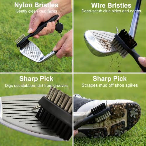 Golf Towel for Men with Club Brush & Divot Tool – 16"x24" Tri-Fold Waffle Microfiber Towel, Retractable Club Groove Cleaner & Divot Repair Tool, Golf Accessory Kit for Male Golfers (Black) - color: Black