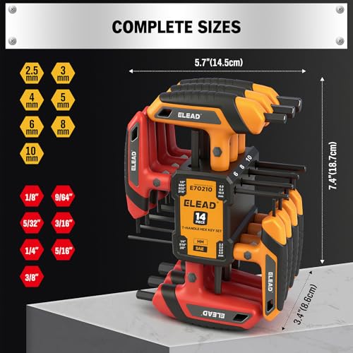 ELEAD 14-Piece T-handle Allen Wrench Set, Metric 2.5mm-10mm & SAE 1/8"-3/8" Portable Hex Key, Long Arm Allen Key Set with Storage Rack for Basic Home Repair and Mechanical Maintenance - style: T-Handle New Version