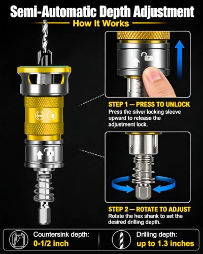 Upgrade 10PCS Countersink Drill Bit Set with Adjustable Depth Stopper - color: Golden, size: Extended - Quick Adjustment