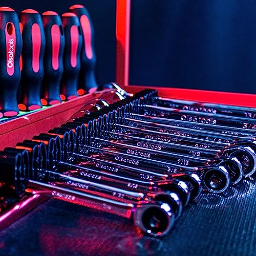 Olsa Tools Wall-Mounted Wrench Rack - Red Anodized Aluminum Rail with Black Clips - Stores 14 SAE or Metric Wrenches Securely - Professional Organizer - Part: 1028 - style: Red Aluminum + Black Clips