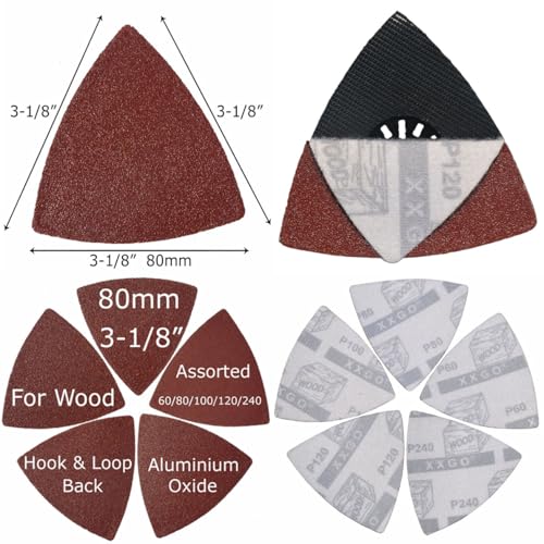 XXGO 55 Pcs 80mm 3-1/8 Inch Triangular Oscillating Multi Tool Sanding Pads - size: 3-1/8 Inch Triangle - Mix Grit - 55 Pcs