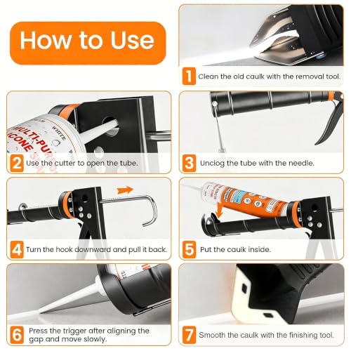 Caulk Gun Kit with Caulk Remover Tool – 3 in 1 Caulking Tool Set for Caulking Removal, Includes Smooth Silicone Caulking Gun, Scraper, Grout Balls, Finishing Tools for Bathroom Kitchen Window Tile - size: Caulk Gun with Remover Kit