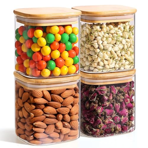 ComSaf Square Glass Containers with Lids 0.7 Qt, Set of 4 Pantry Glass Jars | Glass Storage Containers with Lids, Small Canisters, Spice Jar, Bamboo Lid with Silicone Seal, Size For Subpackage, BPA Free - size: 0.7Qt*4