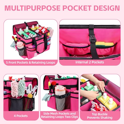 Large Rolling Cleaning Caddy Bag, Cleaning Caddy with Wheels with Detachable Trolley for Housekeepers, Water Resistant Cleaner Supplies Organizer with Wheels for Kitchen, Car, Picnic (Rose-Red)