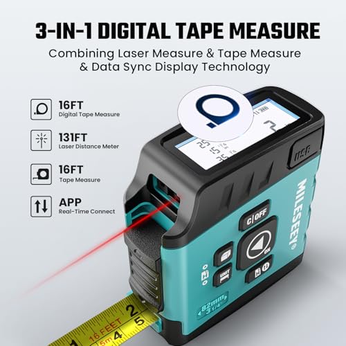 MiLESEEY DT20 Laser Tape Measure with APP, 3-in-1 Digital Measuring Tape Rechargeable, 130FT Laser Distance Meter, 16FT Digital Tape Measure Waterproof, Area/Volume/Measuring/Pythagorean Mode - color: Blue-App