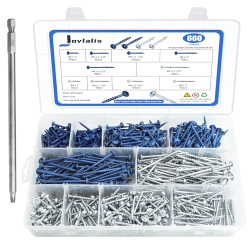 Pocket Hole Screws 660 PCS, 5 Sizes #8 x 1 to 2-1/2" Coarse Thread Wood - color: 660PCS(Blue Coated & Zinc Coated)