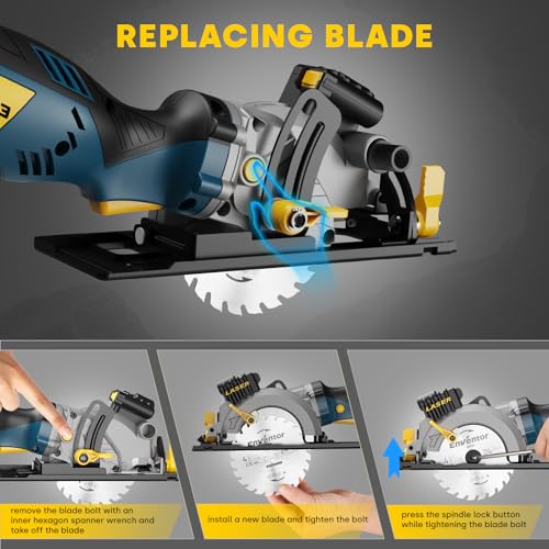 Enventor Mini Circular Saw with Laser Guide, 6 Blades 4-1/2", 5.8A Corded | 3500 RPM, Max Cut 1-11/16 in at 90° and 1-1/8 in at 45°, Dust Port, Vacuum Adapter for Soft Metal, Wood, Tile Cutting