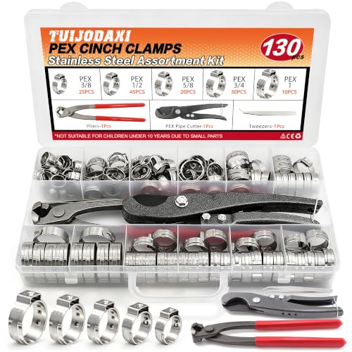 130Pcs 304 Stainless Steel PEX Pinch Clamp Kit with Crimper Tool
