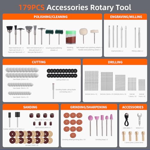 Cordless Rotary Tool Kit: 12-Speed 25000RPM Mini Rotary Tool with 179 Accessories, 7.4V Rechargeable Engraving Tool for 3D Printed Finishing, Sanding, Cutting, Drilling, Polishing, DIY Crafts