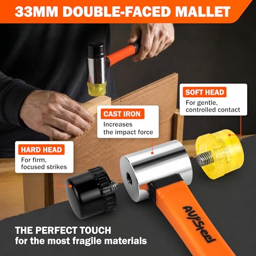 AV Steel 2-Pack Rubber Mallet Hammer Set, 16oz Rubber Hammer & 33mm Double-Faced Soft Mallet with Replaceable Heads and Glove, Fiberglass Handle, Damage-Free for Flooring, Tile, Woodworking