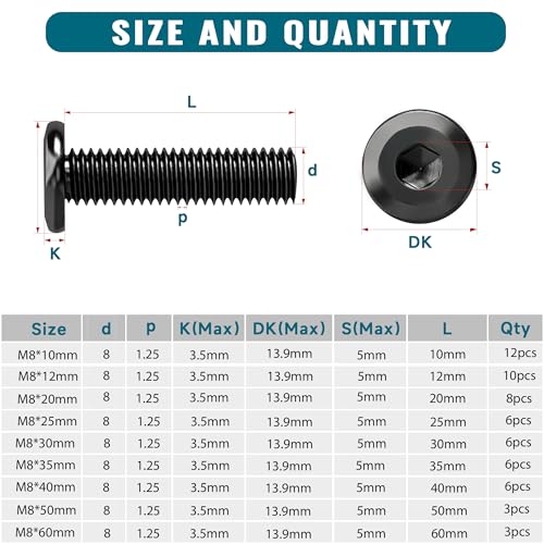 61Pcs M8 Flat Head Hex Socket Cap Screws Assortment Kit, M8x 10mm/12mm/20mm/25mm/30mm/35mm/40mm/50mm/60mm Socket Cap Bolts,304 Stainless Steel 18-8, Full Thread, Black Oxide with Hex Spanner - size: M8