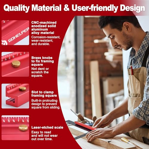 8 Inch Removable Carpenter Framing Square Fence with Edge Marking Ruler, Anodized Solid Aluminum Alloy Body & Brass Knobsn for Woodworking Measuring Ruler Stops Fences