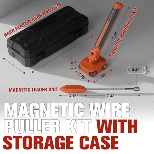 Magnetic Wire Puller for Electrical Wiring – Rare-Earth Magnets, Stainless-Steel Leader for Easy Cable Pulling in Walls & Tight Spaces, Doubles as Stud Finder, Includes High-Quality Hard Plastic Case