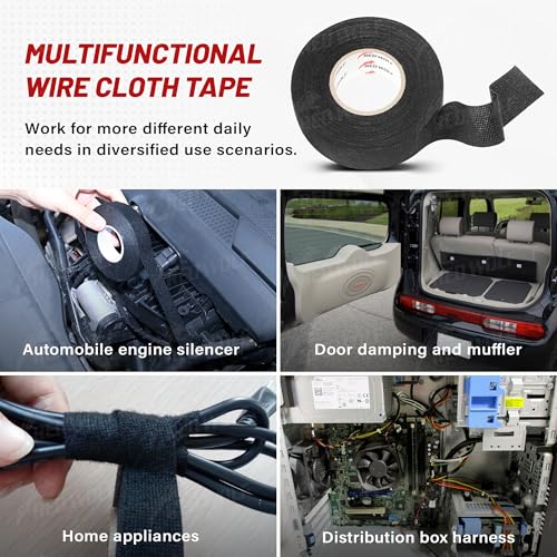 RED WOLF Wire Electrical Tape, 1 Inch x 50 Feet 2-Roll, Felt Cloth Electric Tape Noise Dampening High Temp Wiring Loom Harness, Self-Adhesive Fabric Tape for Automotive Engines Wrap Protection