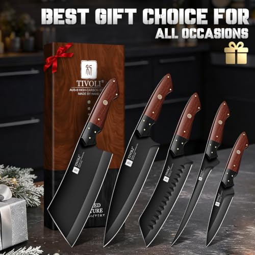 TIVOLI Kitchen Knife Set 5pcs - Chef Knife Set with Full Tang Wooden Handle - size: 8.1