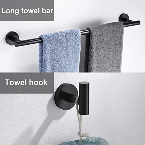 6 Pieces Matte Black Bathroom Hardware Accessories Set Hand Towel Ring 16&23.6 inch Round Towel Bar Silver Toilet Paper Holder Towel Hooks 2 Pieces SUS 304 Stainless Steel,Heavy Duty,Wall Mounted - color: Matte Black, size: 6 piece 24"