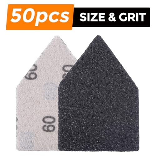 POLIWELL Silicon Carbide Sandpaper 50-Piece Pack 90mm x 65mm 60 Grit Triangle Sanding Sheets with Hook & Loop Fastening Replacement for Milwaukee M12 Orbital Detail Sander Accessories - size: 60 Grit