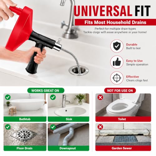 Drain Snake Auger, 33 FT Plumbing Snake Drain Hair Clog Removal Tool, Heavy Duty Snake Auger, Sink Unclogger Drain Cleaner Tool for Bathroom Kitchen Tub Shower Drain Clog Remover with Gloves, Red