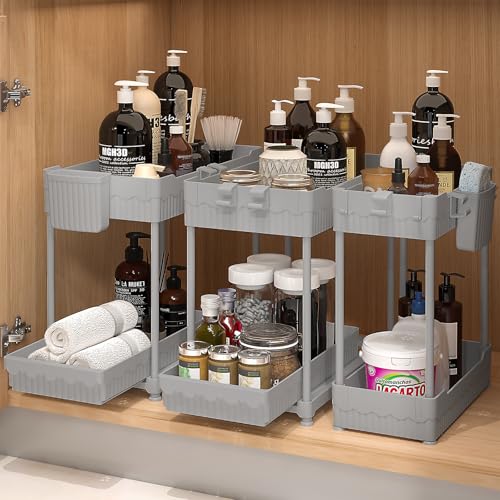 Sevenblue 3-Pack 2-Tier Under Sink Organizers with Sliding Drawers - color: Gray, size: 12.8 Inch