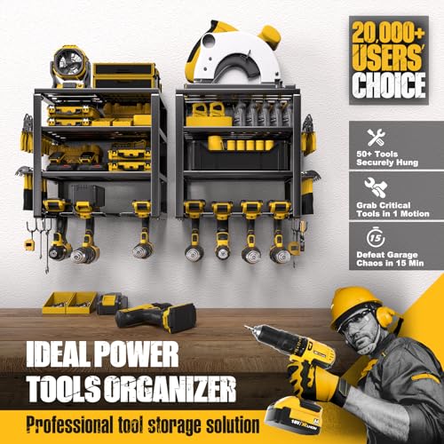 Spampur Power Tool Organizer Wall Mount | 4 Layers, Heavy Duty, Garage Storage - size: 4 shelves 4 slots (2 pack) without power strip