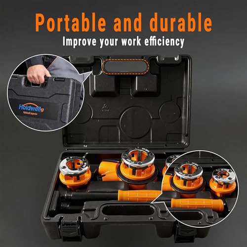 Ratchet Pipe Threader Kit w/ 3 NPT Dies (1/2", 3/4", 1"), Heavy-Duty 9SiCr Steel Threading Tool for Galvanized, Iron, Copper & Aluminum Pipes, Portable with Storage Case - size: 1/2"- 1" (3pcs)