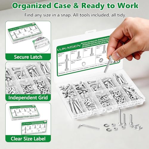 271 Pcs M4 Hex Socket Cap Screws Nuts Washers Wrench Kit, 304 SS - size: SS M4 271pcs 3