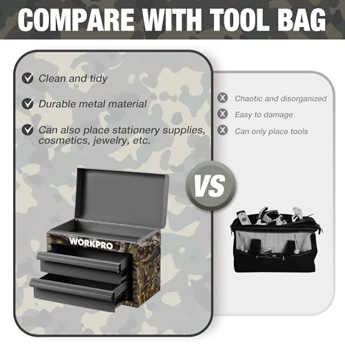 WORKPRO Metal Mini Tool Box with 2 Drawers and Top Storage - color: Green Camo