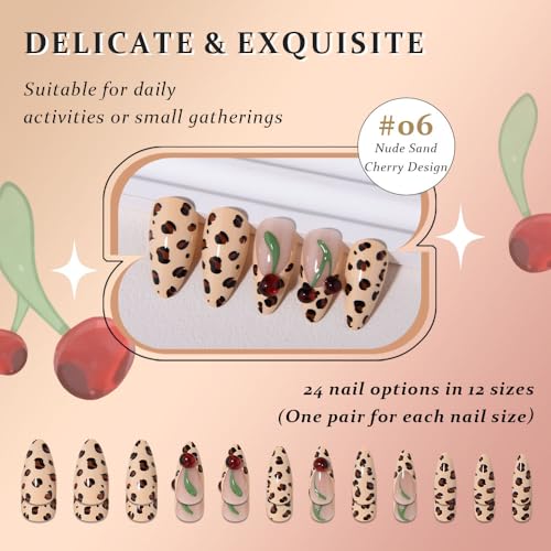 Spring & Summer 3D Cherry Leopard Print Press On Nails, Medium Almond Cheetah French Tip, Salon Quality Designer Reusable Acrylic Fake Nails, Stylish for Women’s Daily Wear & Birthday Parties - color: LF-3688, size: 24 Pieces (Pack of 1)