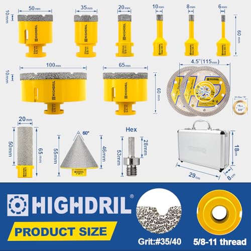 HIGHDRIL 13Pcs Diamond Hole Saw Kit for Tile Porcelain Ceramic Granite - size: Kit 1 Thread