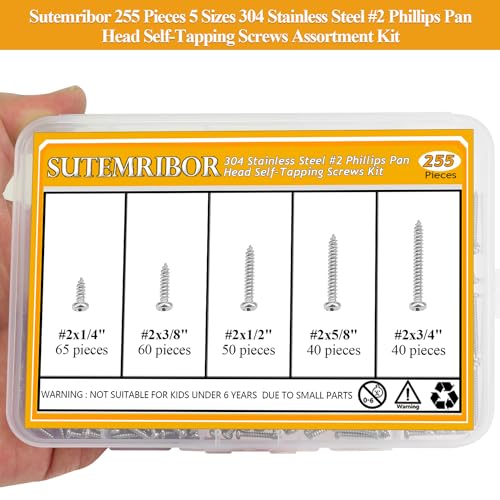 255 Pieces #2 x 1/4" 3/8" 1/2" 5/8" 3/4" Wood Screws Set, Phillips Pan Head #2 Self-Tapping Screws Assortment Kit, 304 Stainless Steel - size: #2, style: Phillips Pan Head