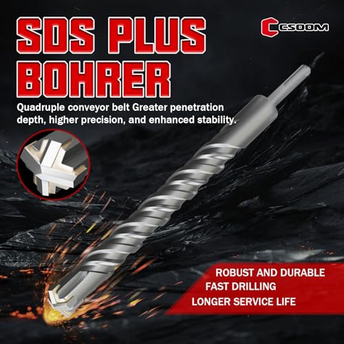 CSOOM SDS Plus Rotary Hammer Drill Bit 1-1/8"x12.2", Professional Concrete Drill Bit for Concrete, Brick, Stone and Cement Walls - size: 1-1/8"x12.2"