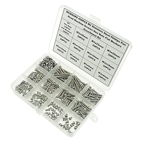420PCS M3 Phillips Pan Head Machine Screws Nuts Flat Washers Kit,304 Stainless Steel,Screws Length:4mm to 30mm - size: M3