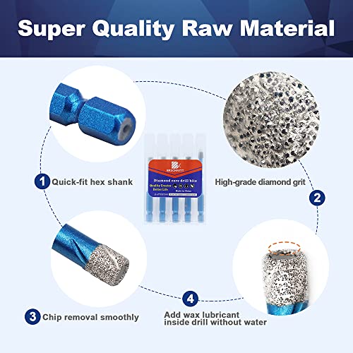 Diamond Drill Bit - BRSCHNITT 1/4 inch Masonry Drill Bits Set for Porcelain Tile Ceramic Stone Granite Marble,Hex Shank Diamond Hole Saw Drill Bit(5pcs/Pack). - size: 6/6/6/6mm+6mm