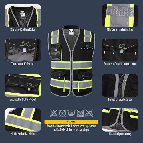 JKSafety Safety Vest for Men Women Hi Vis with Pockets and Cushioned Collar Construction Vest Meet ANSI Standard (BX360) - color: Black, size: Medium