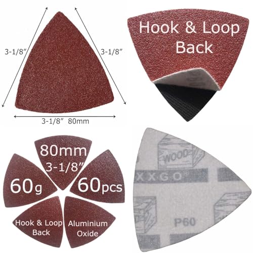 XXGO 60 Pcs 60 Grits 3-1/8 Inch 80mm Triangle Multitool Sanding Pads XG802060 - size: 3-1/8 Inch Triangle - 60 Grit - 60 Pcs