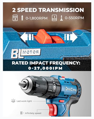 Dong Cheng 20V Brushless Heavy-duty Impact Drill, 443 in-lbs, 27000 BPM, 1/2" Keyless Metal Chuck, 20+1+1 Clutch, Cordless Hammer Drill for Drilling Brick Wall, Metal, Wood, Bare Tool - style: 443in-lbs Bare Tool
