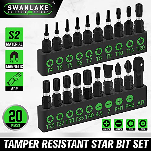 SWANLAKE 20PCS Tamper Resistant Star Bit Set,Torx Bit Set, Impact Grade Security Torx Bits Set,1/4-inch Hex Shank, S2 Alloy Steel, T4-T40 - style: Torx Classic Version