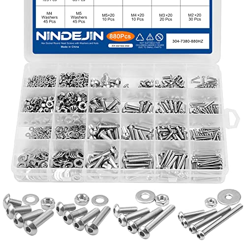 NINDEJIN 880 PCS M2 M3 M4 M5 Hex Socket Button Head Screws Bolts Nuts Kit - size: 880 Hex Round Head Socket Screws Nuts
