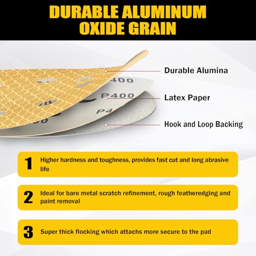 80Pcs 6 Inch 6-Hole Hook&Loop Sanding Discs, 100 Grit Diamond Yellow Sand, Dust-Free/Wear-Resistant, Latex Paper Base (No Fray), 135G Backing for Wood/Metal/Auto, DIY & Pros - style: 6inch-6Hole