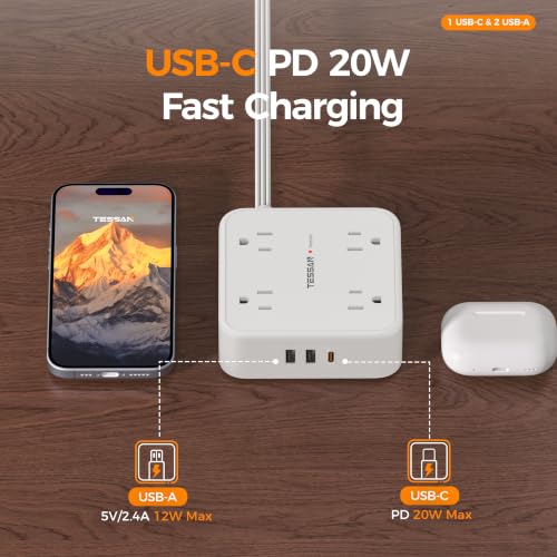 TESSAN Surge Protector Power Strip with 900J Surge Protection, 15 Ft, White - color: White with 1 USB C, size: 15 feet