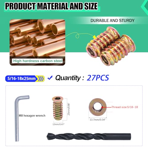 Twidec/27PCS 5/16"-18 Threaded Inserts for Wood Furniture Screw-in Nut Wood Inserts Bolt Assortment Kit with M8 Hex Wrench (5/16"-18 x25mm) - size: 5/16"-18 x 25mm (27 PCS)