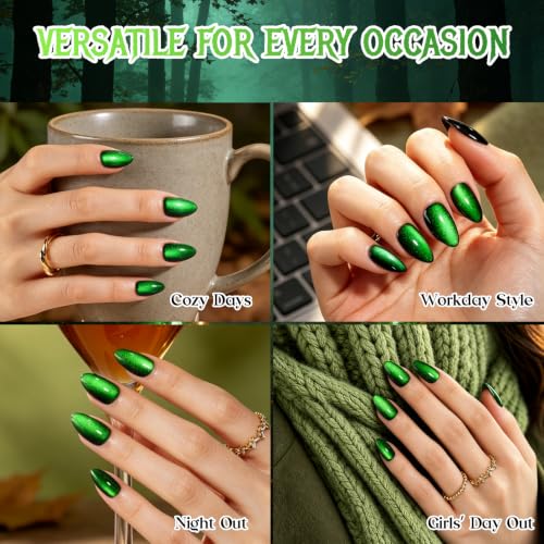 Beetles Halloween Press On Nails, Green Cat Eye Short Almond, 32 Pieces - color: 3B - Midnight Moss - S