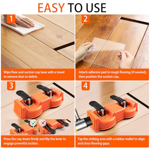 Floor Gap Fixer Tool for Laminate, Vinyl Plank, Hardwood, Dual Suction Cup Flooring Repair Kit with 10 Sticky Pads, Durable Plank Grabber, Heavy Duty Gap Puller Dual-Sided 75° Striking Surface